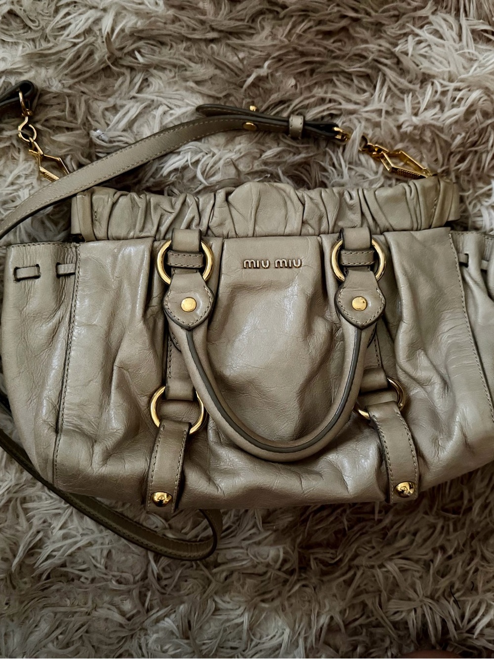 Miu Miu Taupe Leather Shoulder Bag with Gold Hardware